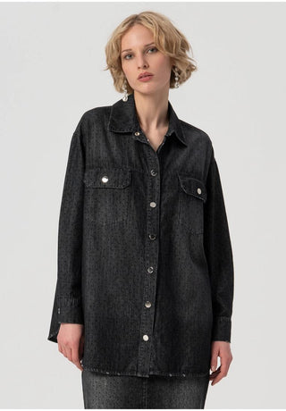 FRACOMINA Camicia over in denim nero a pois