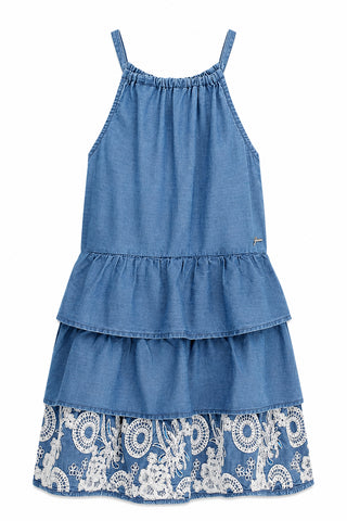 GUESS Vestito svasato in denim con spalline elastiche e ricamo logo anteriore