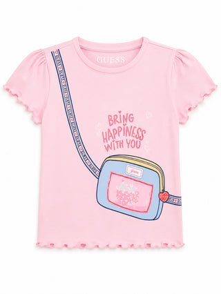 GUESS T-Shirt con stampa borsetta frontale e bordi arricciati.