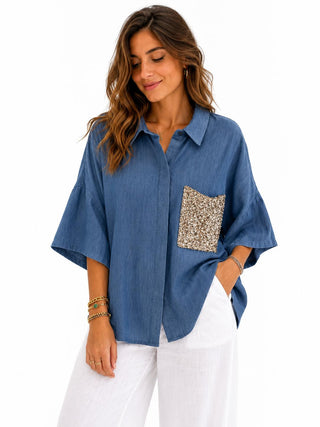 DIXIE Camicia Denim con Tasca Paillettes