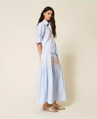 TWINSET ACTITUDE Gonna lunga a righe con balza e ricamo