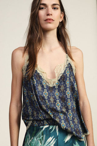 DIXIE Top stampato con pizzo e scollo a v