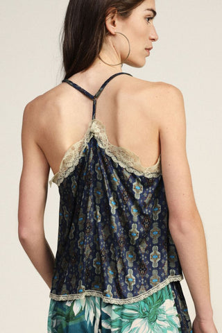 DIXIE Top stampato con pizzo e scollo a v